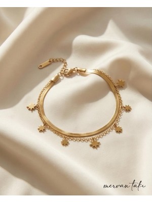 Mervan Takı Yıldız Figürlü Çelik Bileklik- Altın Rengi