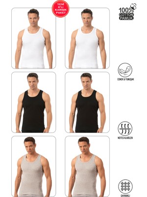 Özkan Underwear Özkan 0113 6'lı Paket Erkek %100 Pamuklu Karışık Renk Esnek Yumuşak Ribana Kalın Askılı Atlet