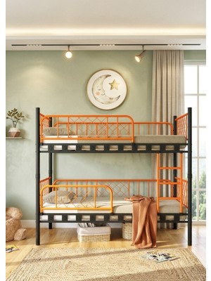 Missidea Metis Ayrılabilir 4 Korkuluklu Metal Ranza ve Karyola Seti Turuncu 90X190 cm