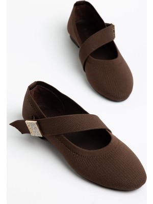 Dilimler Ayakkabı Büyük Beden Triko Kadın Babet Kahverengi Kalın Bant Taşlı Yuvarlak Burun