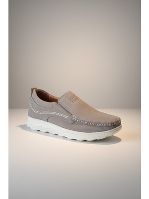 Modayak Enes Gri Nubuk Bağcıksız Beyaz Poli Taban Hakiki Deri Günlük Erkek Ayakkabı