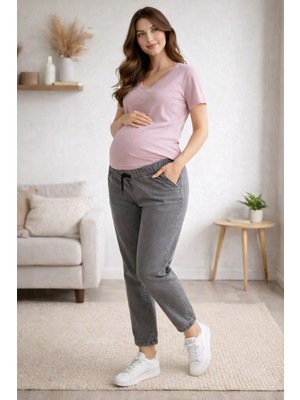 Meghan L.A Premium Comfort Hamile Kot Pantolon %83 Pamuk Lastikli & Ipli Bel Çift Cepli Gri