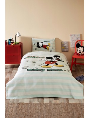 Özdilek Lisanslı Lastikli Çarşaflı Tek Kişilik Çocuk Pike Takımı-Mickey Positive Mint