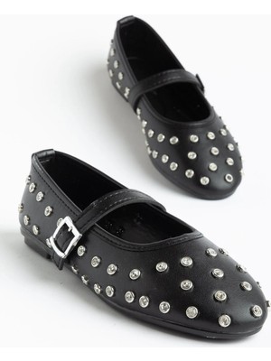 Dilimler Ayakkabı Kadın Babet Siyah Bretli Trok Taşlı Oval Kalıp