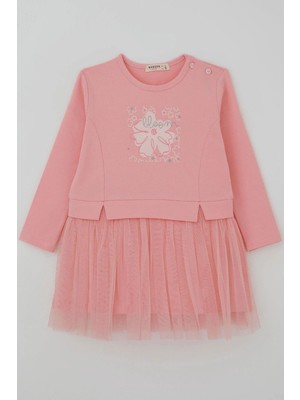 Breeze Kız Çocuk Uzun Kollu Elbise Çiçek Baskılı Tüllü 2-6 Yaş, Pembe