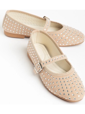 Dilimler Ayakkabı Kadın Babet Bej Süet Üzeri Taş Döşeme Baretli