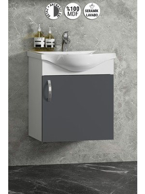 Özceden Yıldız 45 cm Beyaz-Antrasit Gri Mat Mdf Seramik Lavabolu Asma Banyo Alt Dolabı