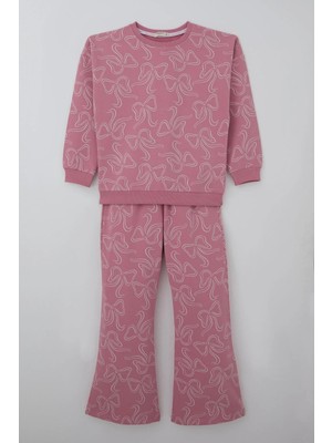 Breeze Kız Çocuk Eşofman Takımı Kurdele Desenli Bel Kısmı Lastikli 9-14 Yaş, Pembe