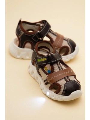 Dilimler Ayakkabı Şirinbebe Ortopedik Erkek Bebek Sandalet Kahverengi Işıklı Taban Cırtlı Önü Kapalı