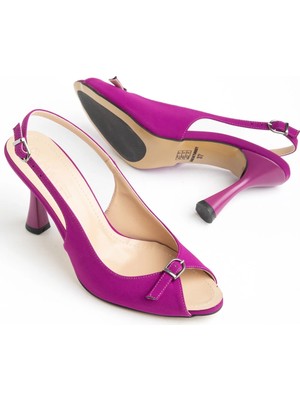 Dilimler Ayakkabı Büyük Numara Kadın Topuklu Sandalet Ayakkabı Mor Saten Ön Tokalı