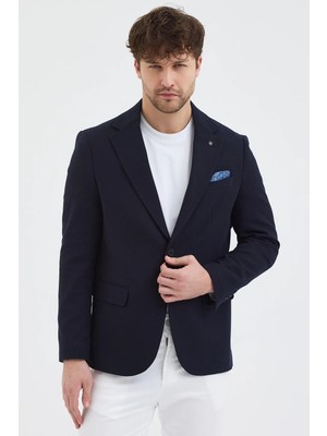 Frappoli Yunix Erkek Koyu Lacivert Poliviskon Kumaşlı Slim Fit Kendinden Mendilli Mono Yaka Spor Blazer Ceket