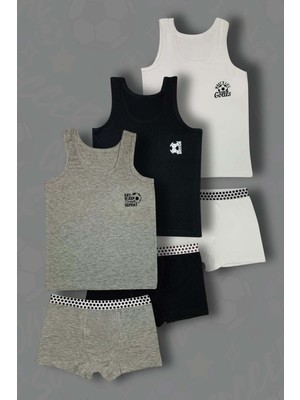 Gri Mor Tekstil 3'lü Erkek Çocuk Pamuklu Futbol Baskılı Atlet Boxer Çamaşır Takımı