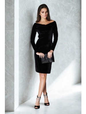 Laranor Kadın Bordo Madonna Yaka Yakada Burgu Detay Kadife Davet Elbisesi Abiye Elbise 24L7558