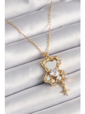 Zenvia 316L Çelik Gold Renk Zincir Ayna Ayıcık Model Zirkon Taşlı Kalp Model Kadın Kolye - TJ-BKO9626