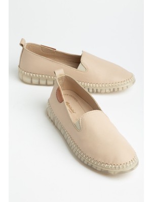 Dilimler Ayakkabı Hakiki Deri Ortopedik Kadın Günlük Ayakkabı Bej Bağsız Şeffaf Taban