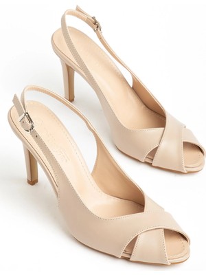 Dilimler Ayakkabı Büyük Beden Kadın Topuklu Sandalet Ayakkabı Nude Çapraz Bantlı