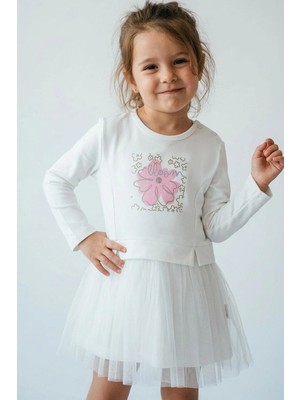 Breeze Kız Çocuk Uzun Kollu Elbise Çiçek Baskılı Tüllü 2-6 Yaş, Ekru