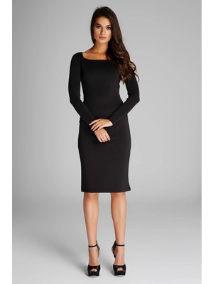 Laranor Kadın Saks Astarlı Kare Yaka Scuba Krep Kalem Elbise 14L4056