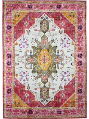 Kilim Home Flora Etnik Çiçekli Vintage Tarz Kırmızı-Pembe Yıkanabilir Pamuk Taban Modern Halı 483