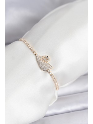 Zenvia Kuğu Model Zirkon Taşlı Gold Renk Asansörlü Su Yolu Bileklik - TJ-BB8246