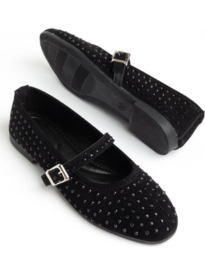 Dilimler Ayakkabı Kadın Babet Siyah Süet Üzeri Taş Döşeme Baretli