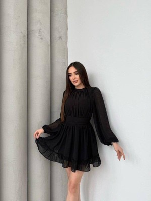 Mareandpanda Kadın Yarım Balıkçı Yaka Kolları Transparan Astarlı Full Şifon Elbise