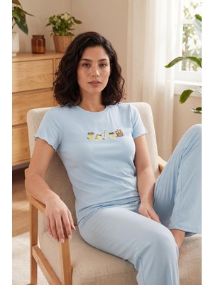 Lela Regular Fit Desenli Bisiklet Yaka Kısa Kollu Pijama Takımı Bayan Pijama Takımı 65770823