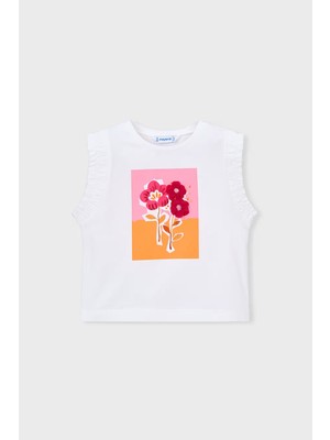 Mayoral Kız Çocuk Çiçek Baskılı ve Üç Boyutlu Detaylı Kolsuz T-Shirt - Beyaz