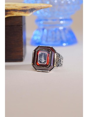 INNUENDO JEWELRY 925 Ayar Gümüş Osmanlı Tuğralı Kırmızı Taşlı Yüzük