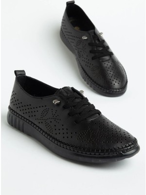Dilimler Ayakkabı Hakiki Deri Ortopedik Kadın Günlük Ayakkabı Siyah Elastik Bağcıklı Lazer Baskılı
