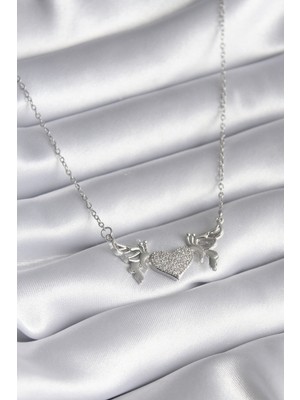 Zenvia 316L Çelik Gümüş Renk Zirkon Taşlı Kanat Kalp Model Kadın Kolye - TJ-BKO8289