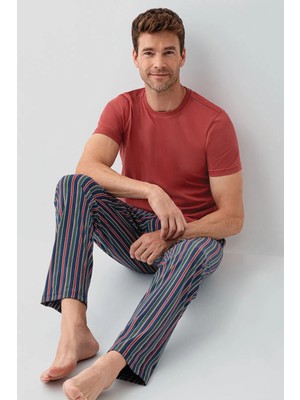Derya Kurşun Bisiklet Yaka Kısa Kol Çizgili Erkek Pijama Takım 3680