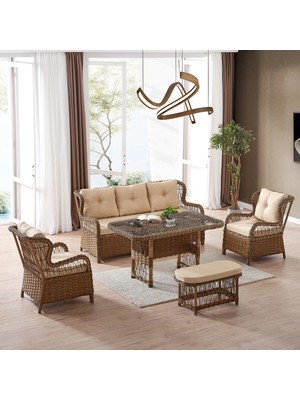EVDEMO Paris Rattan Puflu Bahçe Balkon Takımı 3+1+1 Cam Masalı Kahve