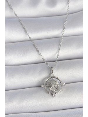 Zenvia 316L Çelik Gümüş Renk Zincir Zirkon Taşlı Pusula Model Kadın Kolye - TJ-BKO10038