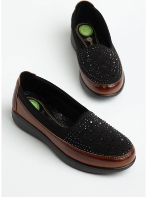 Dilimler Ayakkabı Büyük Numara Ortopedik Kadın Günlük Ayakkabı Taba Içi Hakiki Deri Streç Taşlı