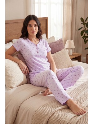 Lela % 100 Pamuk Regular Fit Yumuşak Dokulu Düğmeli V Yaka Pijama Takımı Bayan Pijama Takımı 65770755