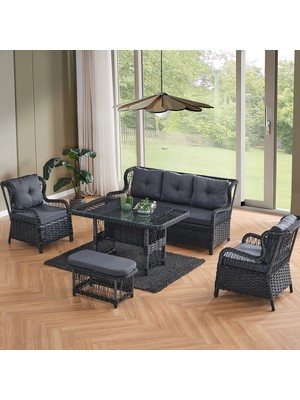 EVDEMO Paris Rattan Puflu Bahçe Balkon Takımı 3+1+1 Cam Masalı Antrasit