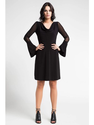 Laranor Kadın Siyah Kolda Volan ve Tül Detaylı Elbise 16L5063