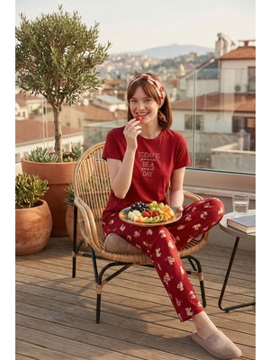 Lela % 100 Pamuk Regular Fit Desenli Bisiklet Yaka Pijama Takımı Bayan Pijama Takımı 65790784