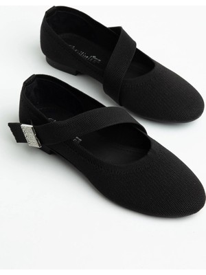 Dilimler Ayakkabı Büyük Beden Triko Kadın Babet Siyah Kalın Bant Taşlı Yuvarlak Burun