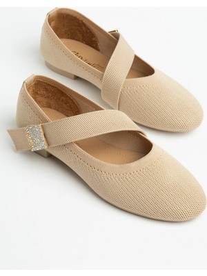 Dilimler Ayakkabı Büyük Beden Triko Kadın Babet Bej Kalın Bant Taşlı Yuvarlak Burun