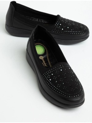 Dilimler Ayakkabı Büyük Numara Ortopedik Kadın Günlük Ayakkabı Siyah Içi Hakiki Deri Streç Taşlı