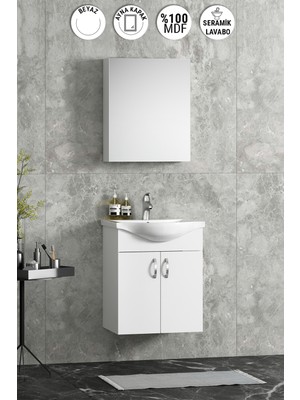 Özceden Yıldız 50 cm Beyaz Mdf Seramik Lavabolu Asma Banyo Dolabı Takımı