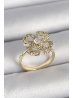 Zenvia Pirinç Gold Renk Zirkon Taşlı Yonca Model Ayarlanabilir Kadın Yüzük - TJ-BYK3719