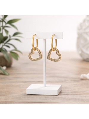 Allivo Altın Renk Taşlı Kalp Form Sallantılı Çelik Küpe