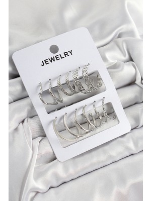Zenvia Pirinç Karışık Halka Model Gümüş Renk 6 Çift Kadın Küpe Set - TJ-BKP10876