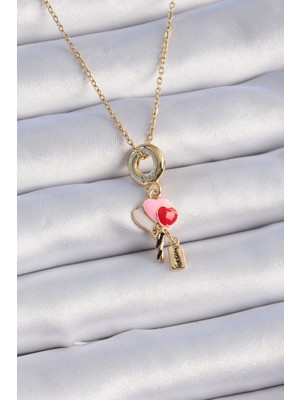 Zenvia 316L Çelik Gold Renk Renkli Kalp Figür Charm Model Kadın Kolye - TJ-BKO9320