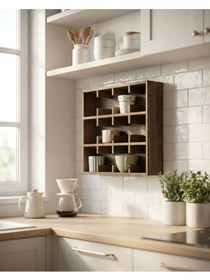 Bevorev  Dekoratif Ahşap Kupa Bardak Rafı, 12 Bölmeli Raf, Mutfak Rafı