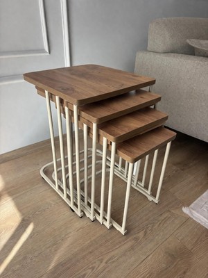 Başaran Mobilya Çam Metal Krem Tekerlekli 4 Lü Çam Zigon Sehpa