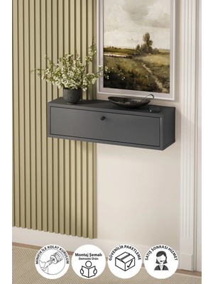 Bofigo Duvara Monte Dresuar Tek Bölmeli Dresuar Kapaklı Konsol 70 cm Antre Hol Yağmur Antrasit